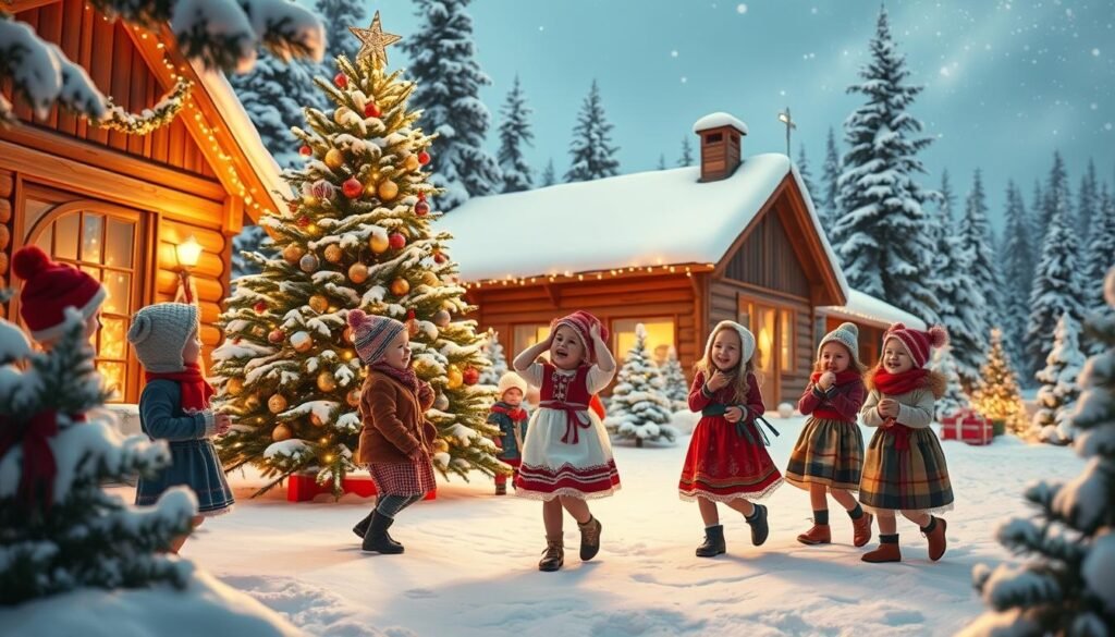 Los Ninos Noruegos Bailan Alrededor del Arbol de Navidad